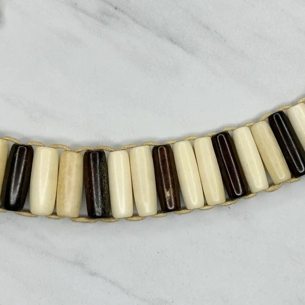 Wood Beaded Tie Belt Brown Cream Boho Statement Belt Medium (M) ✨